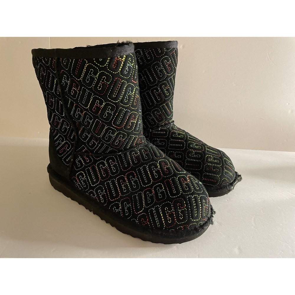 Ugg Boots Girls size 4 Graphic stitch rainbow colorful black slip on bootie